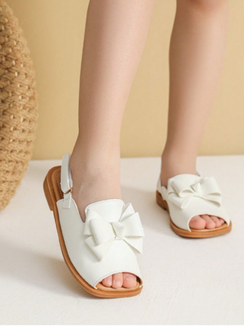Girls Kid Youth White Summer Shoes Flat Sandals Fashion Slippers Peep Toe Bow